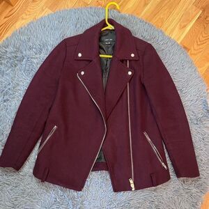 Lost Inc Burgundy Wool Blend Moto Style Short Coat Jacket Size XS